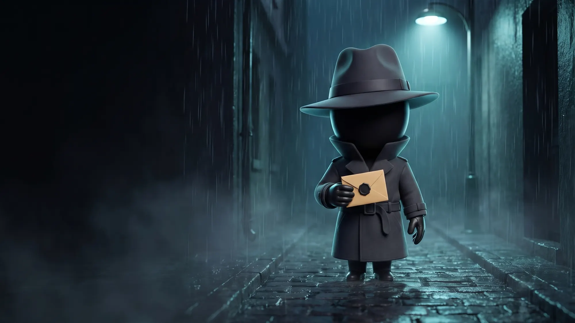 Vector, a faceless agent in a trench coat and fedora, under a streetlamp in a rainy alley, holding a sealed envelope